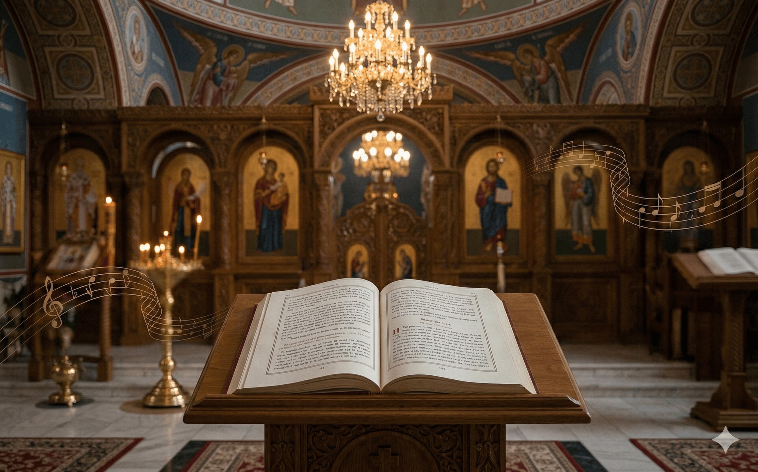 Црквени ентеријер са отвореном књигом